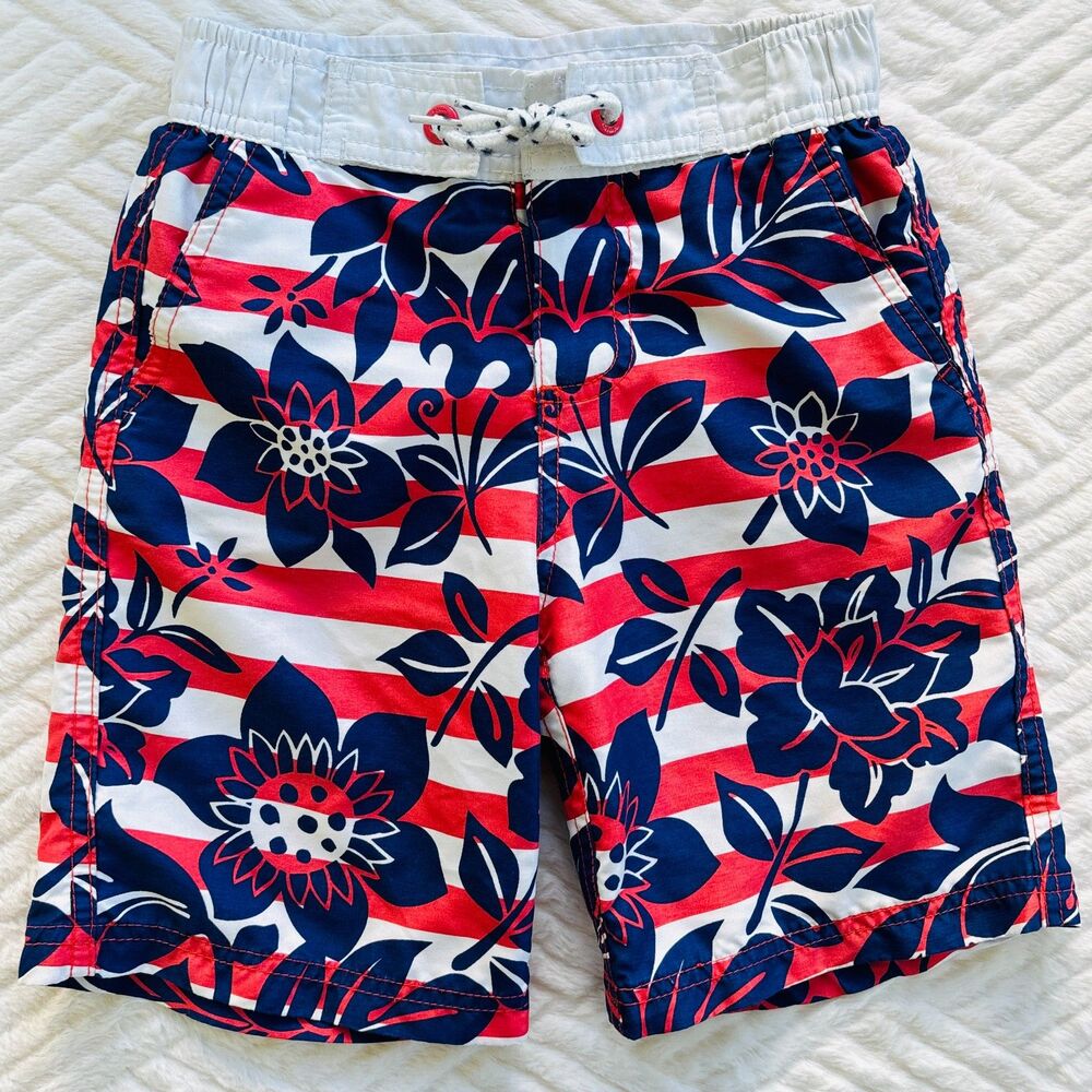 Mini Boden 5-6Y Red White Blue Floral Striped Swim Trunks Board Shorts Beach